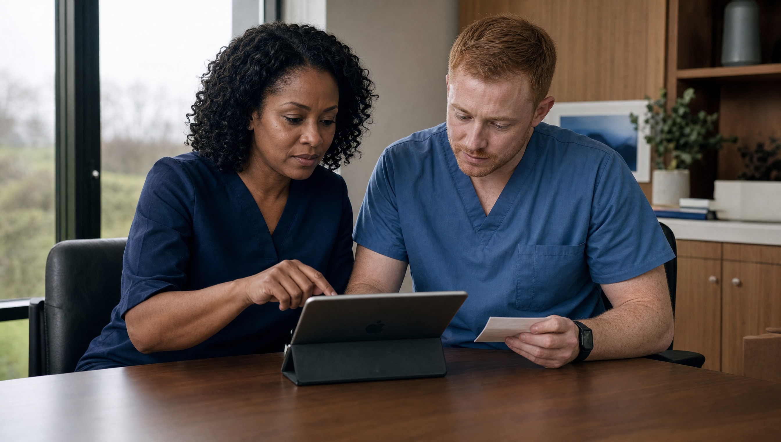 A consultant and nurse reviewing a care plan before sign-off