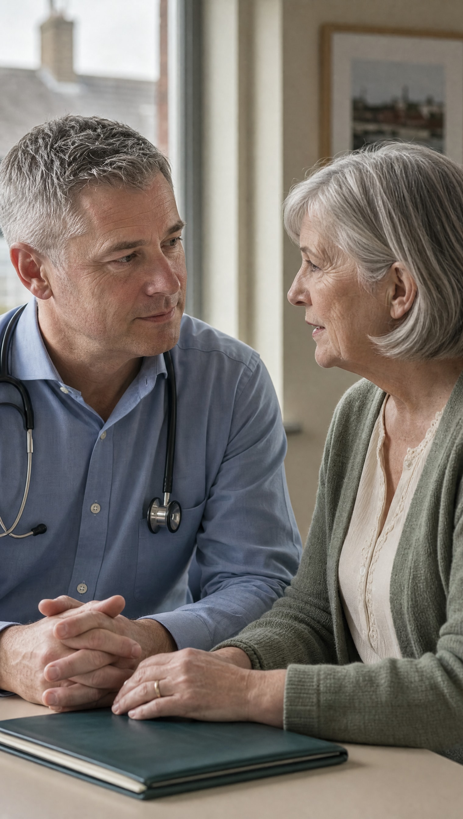 A private consultant listening closely to a patient in clinic rooms