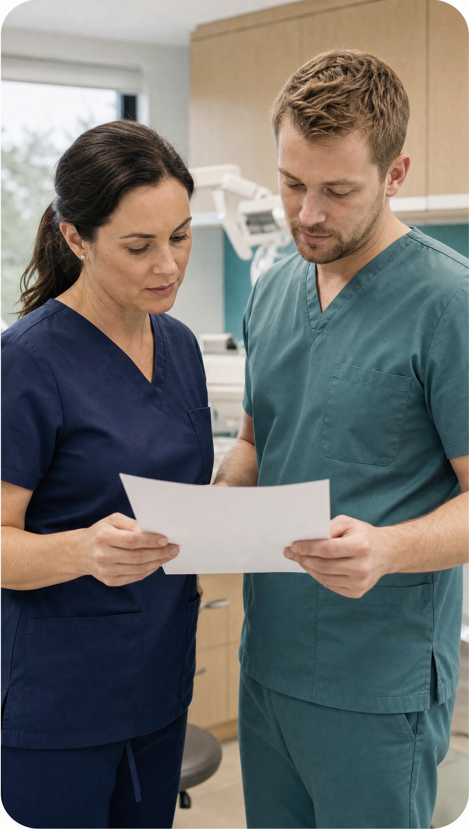 A dentist and dental nurse reviewing a treatment plan together