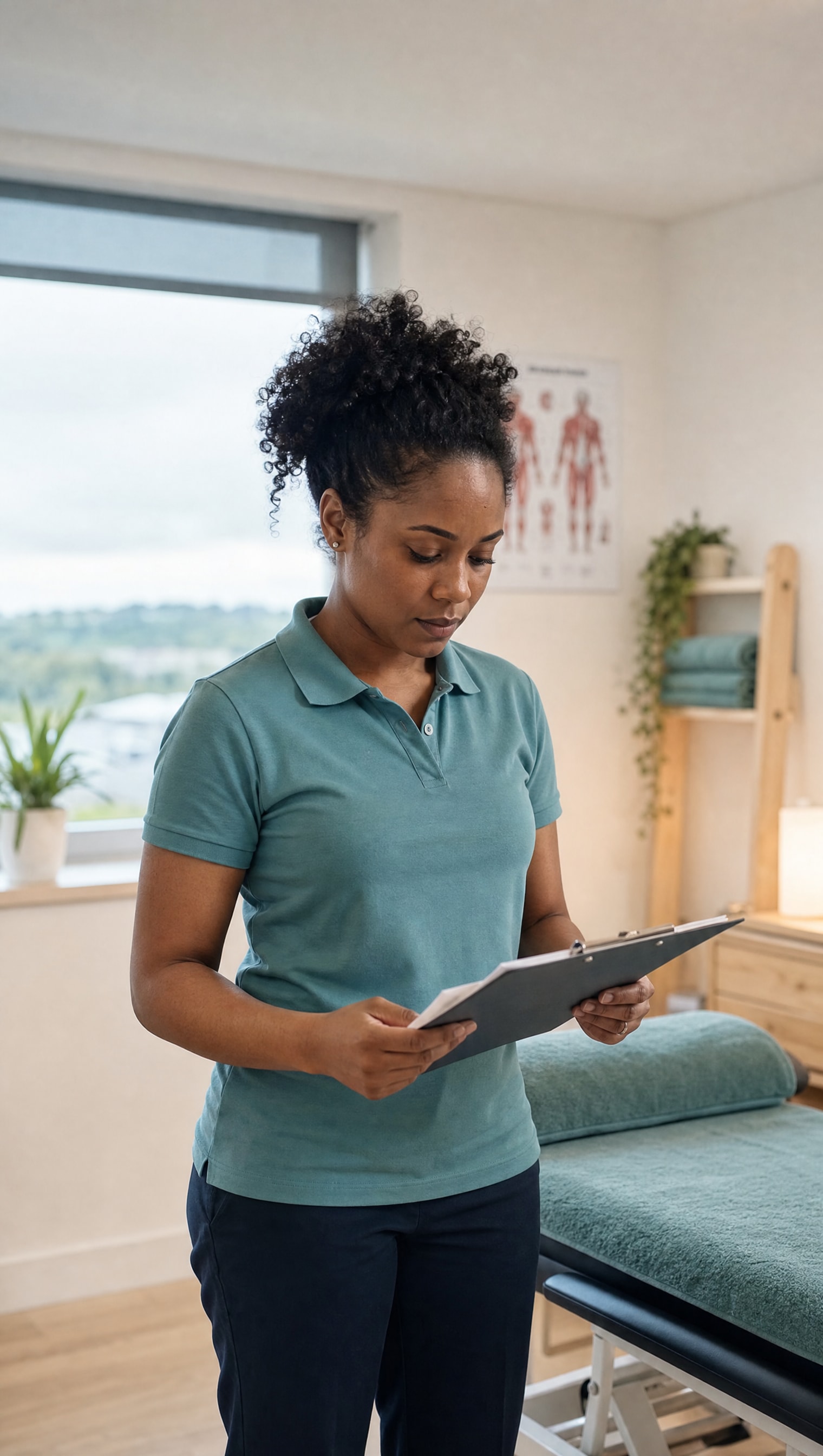 A physiotherapist reviewing a treatment plan in her clinic