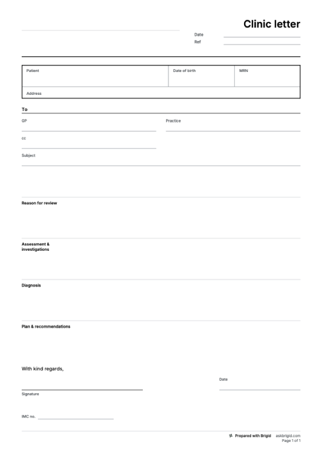 Clinic letter template: page one of the PDF