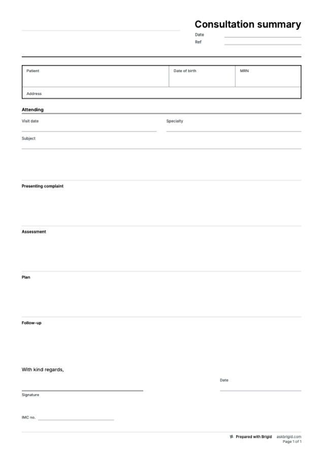 Consultation summary template: page one of the PDF