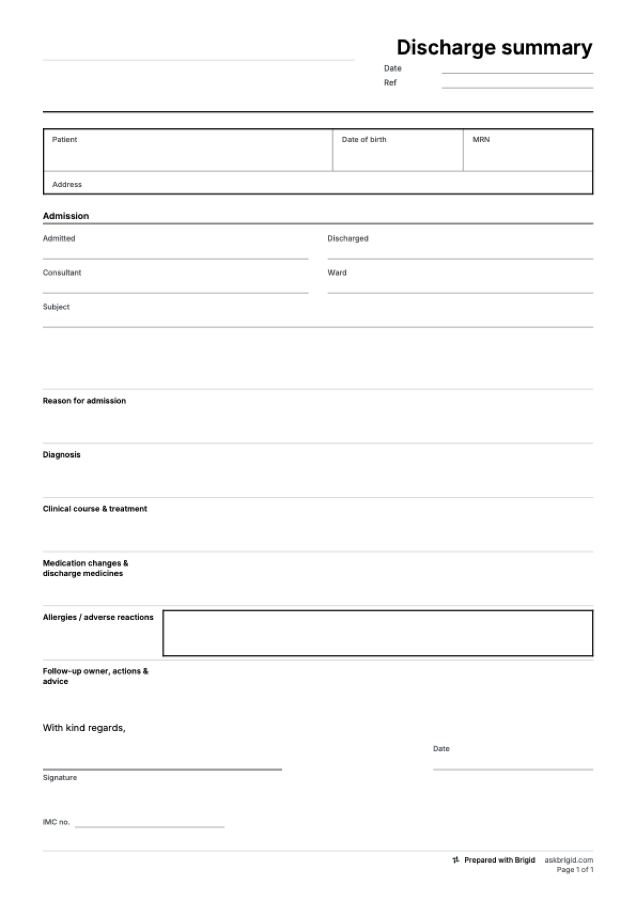 Discharge summary template: page one of the PDF
