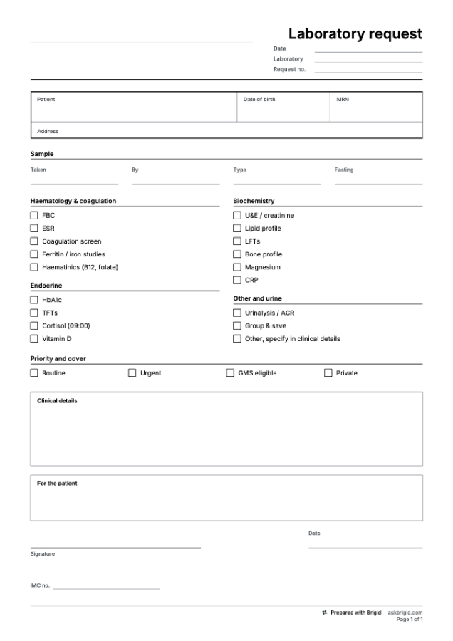 Lab request form template: page one of the PDF