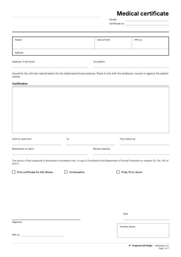 Medical certificate template: page one of the PDF