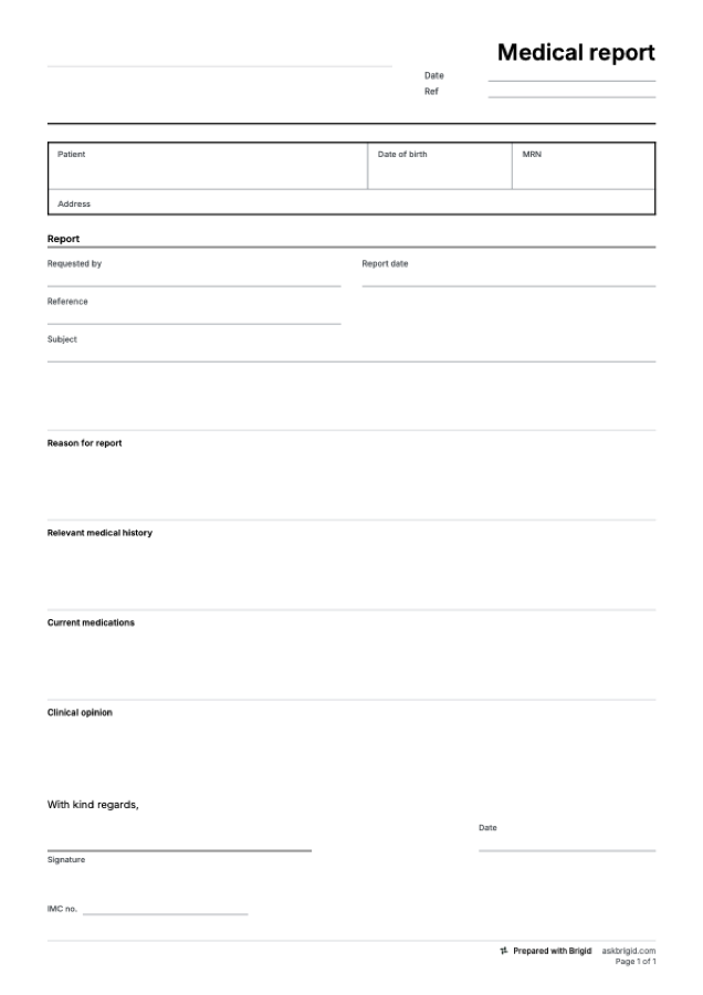 Medical report template: page one of the PDF