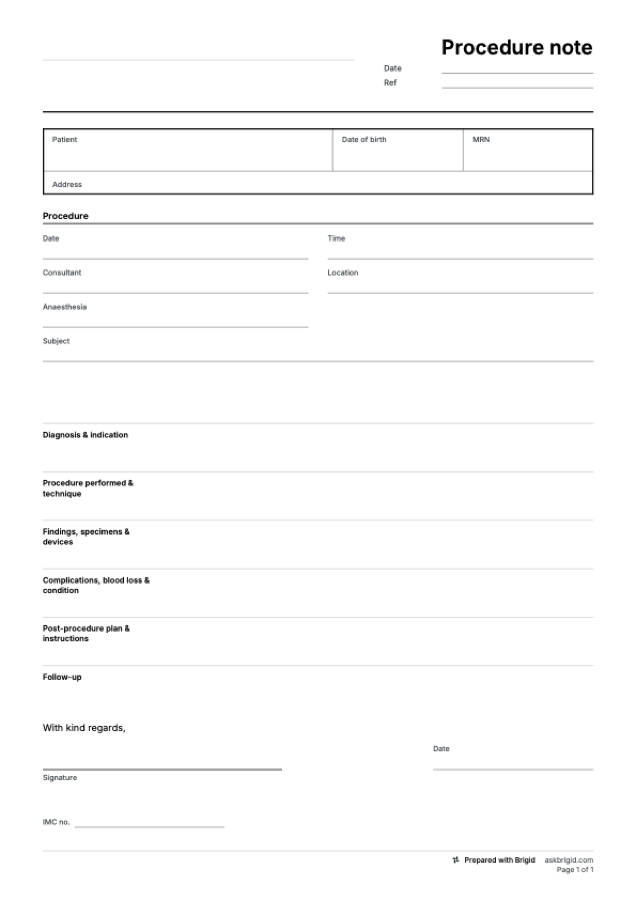 Operative note template: page one of the PDF