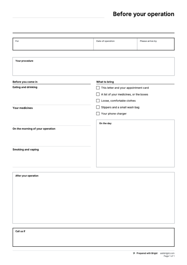Pre-op patient information leaflet template: page one of the PDF
