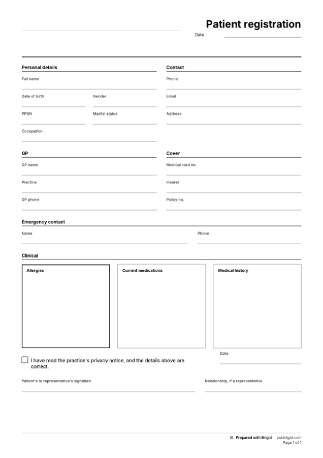 Patient registration form template: page one of the PDF
