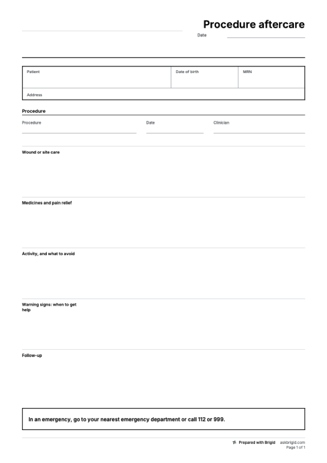 Post-op instructions template: page one of the PDF