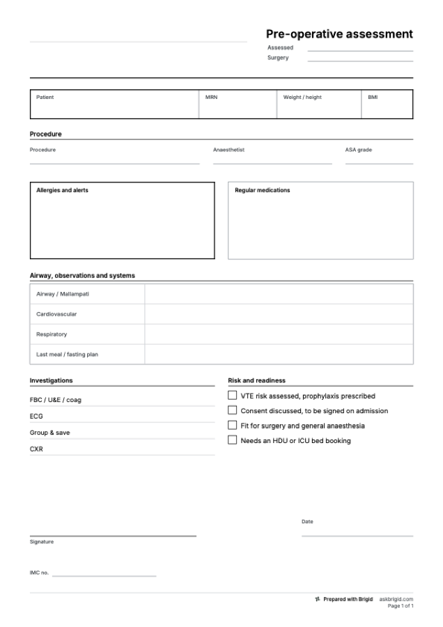 Pre-op assessment form: page one of the PDF