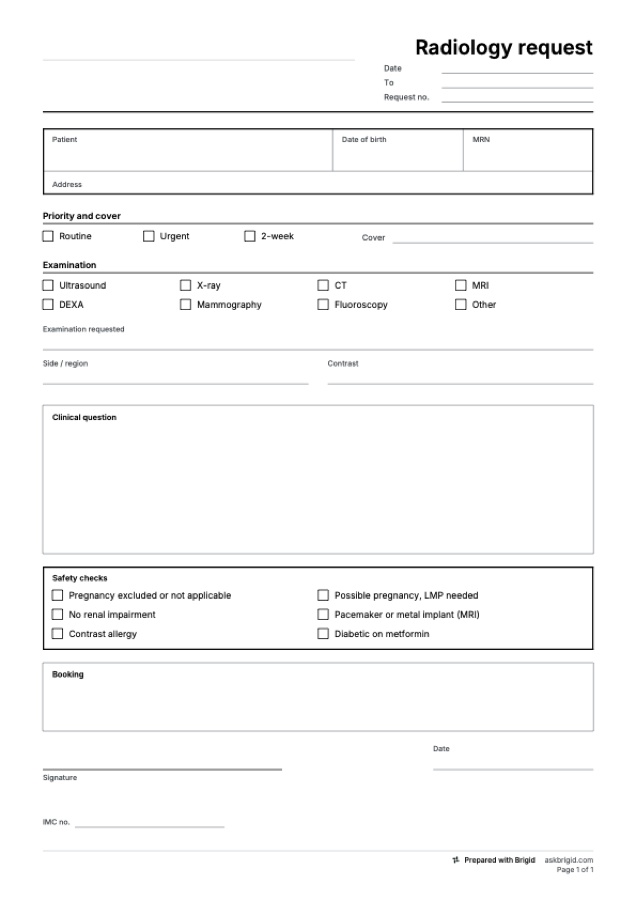 Radiology request form template: page one of the PDF