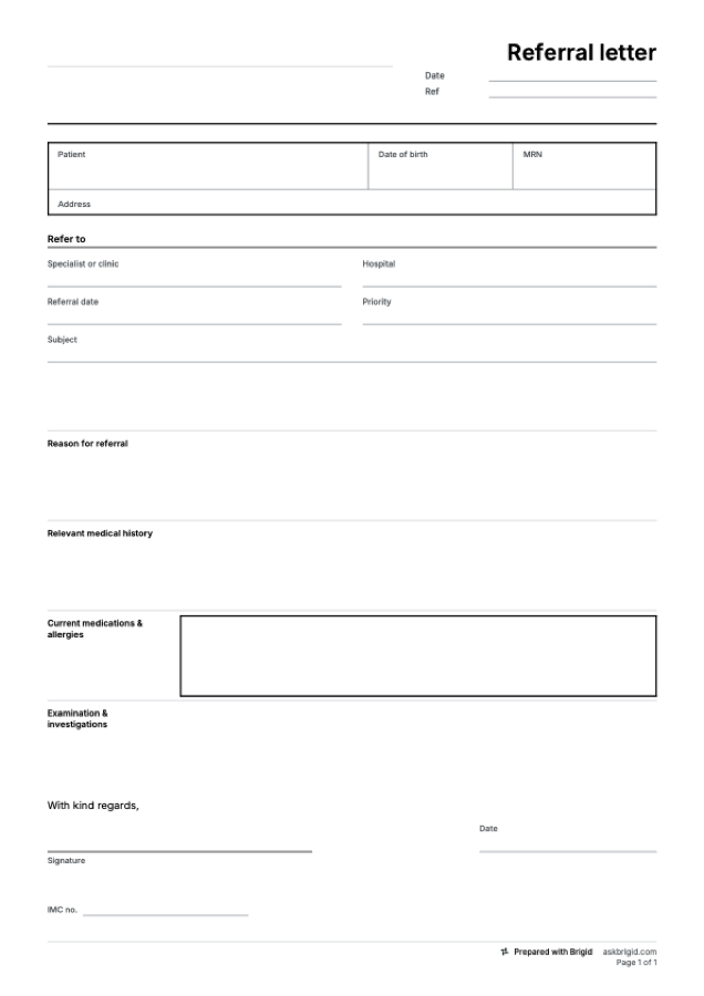 Referral letter template: page one of the PDF
