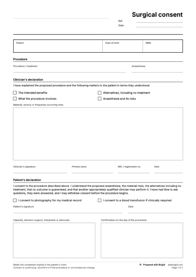 Surgical consent form template: page one of the PDF