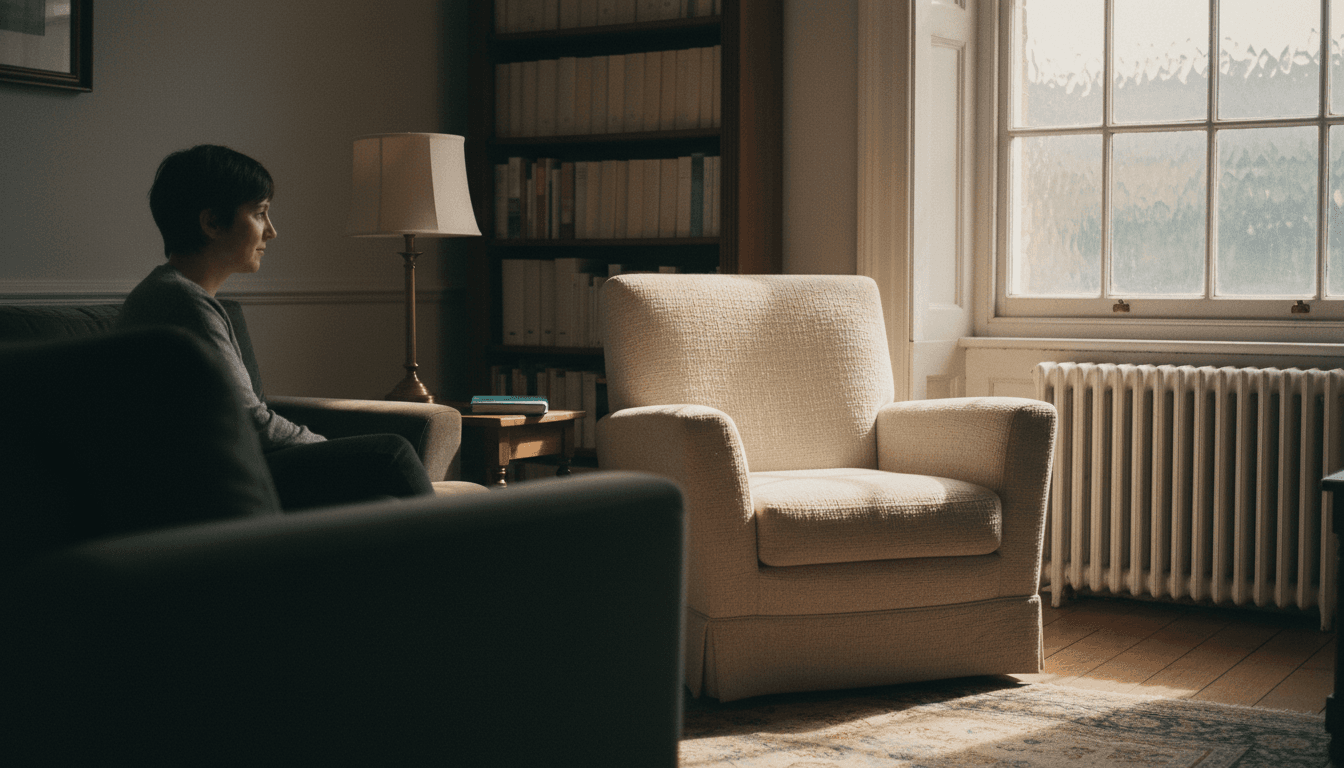 A woman sits in profile on a green sofa in a quiet consulting room with a large armchair, a bookcase, and late-afternoon light.