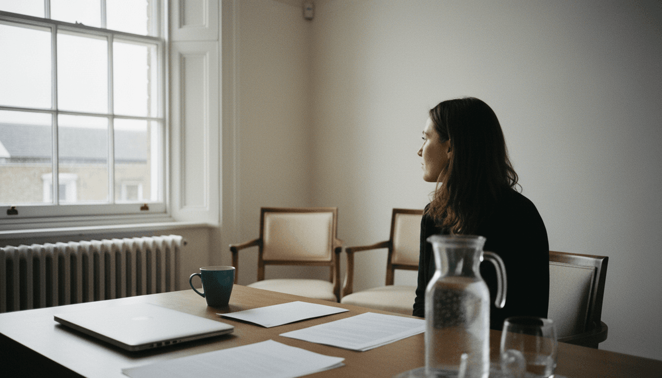 A woman sits in profile at a wooden desk with a closed laptop and papers, looking towards a large sash window in a quiet office.
