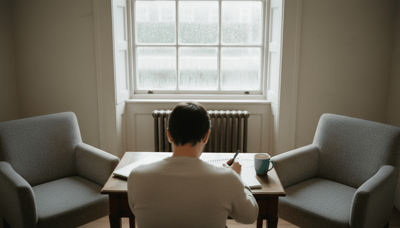 A consultant seen from behind sits at a small wooden desk writing in a notebook between two grey armchairs in a quiet room.