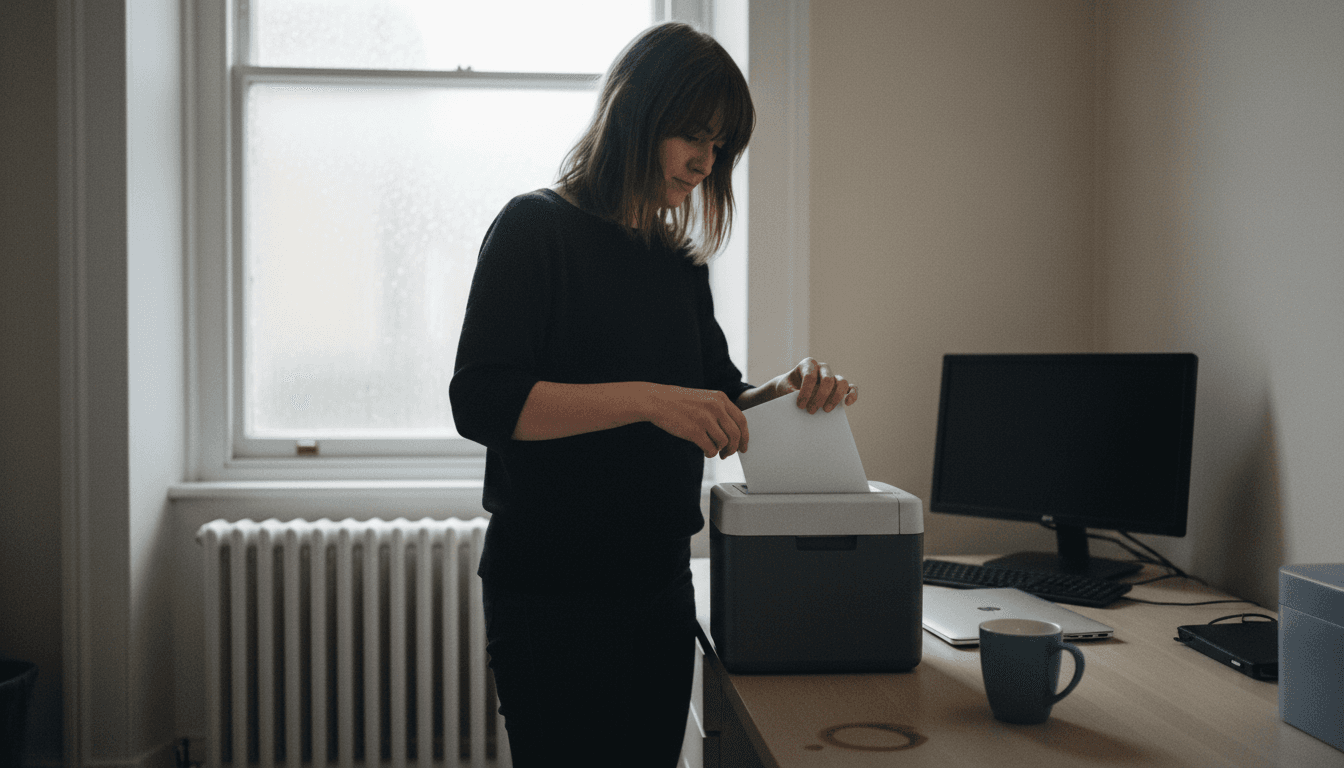An office worker stands at a wooden desk, feeding a blank sheet of paper into a small shredder next to a computer monitor.
