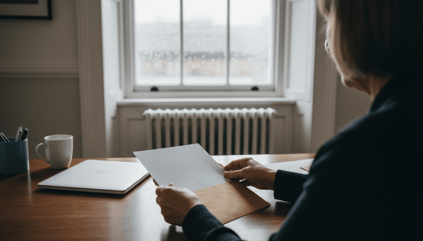 An office worker sits at a wooden desk inserting a blank document into a brown envelope by a rainy window.