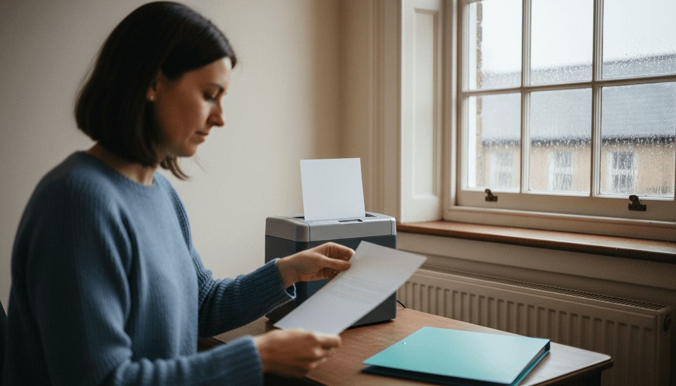 An office worker reviews documents beside a small paper shredder on a wooden desk near a window.