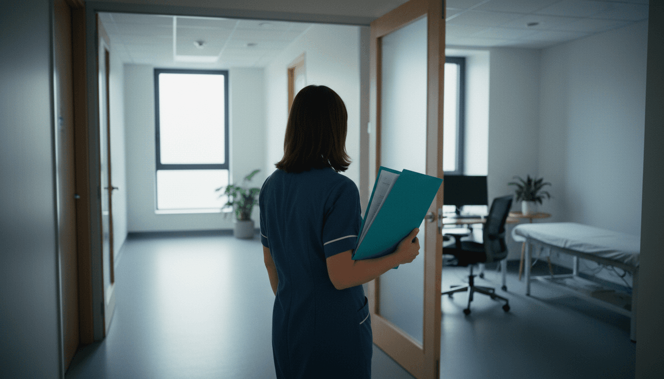 A healthcare worker in blue scrubs stands in a modern clinic corridor, holding a folder and looking into an open consulting room.