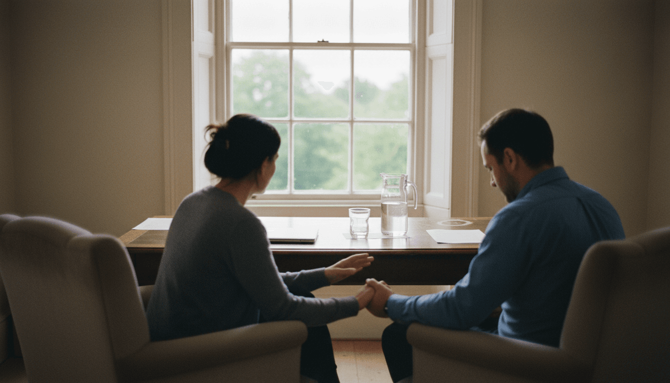 A man and a woman sit in armchairs facing each other at a wooden desk, holding hands in front of a large sash window.