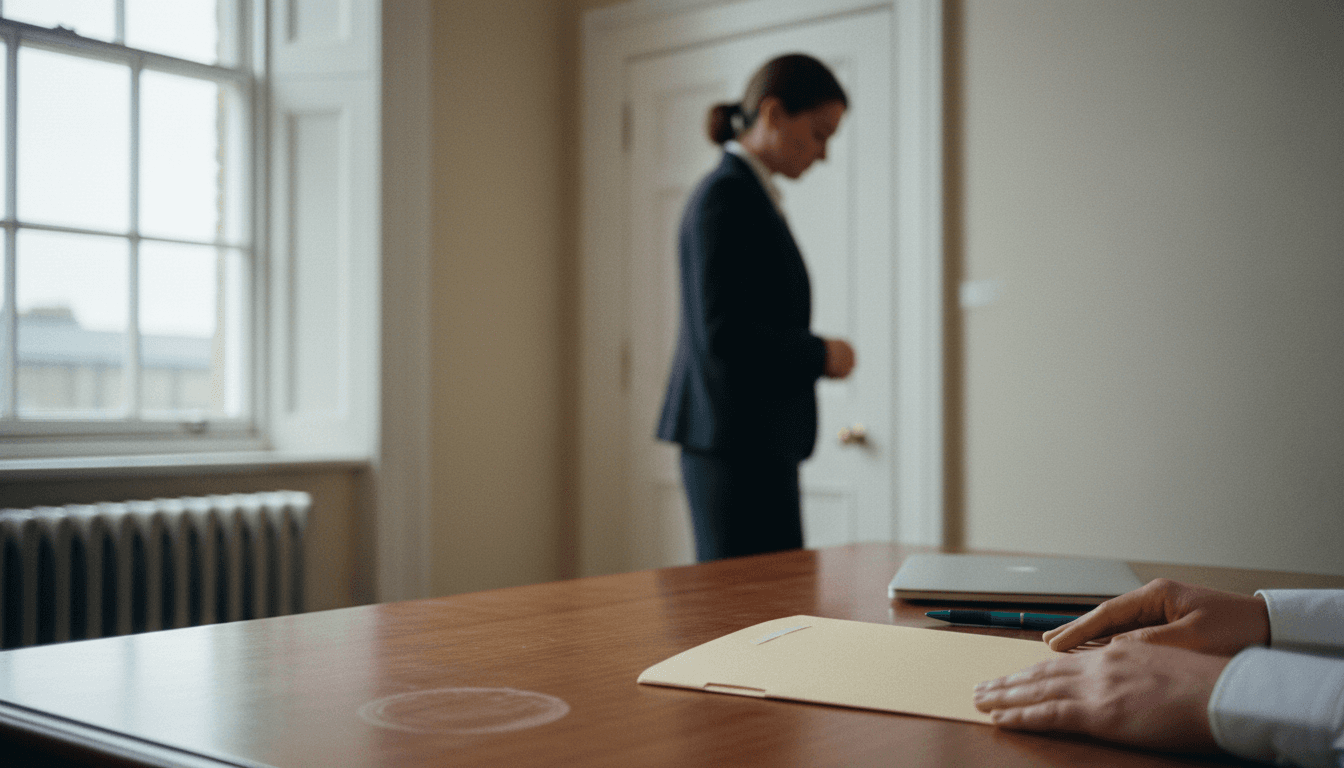 A consultant's hands rest on a folder on a wooden desk while a colleague stands in a softly lit office in the background.