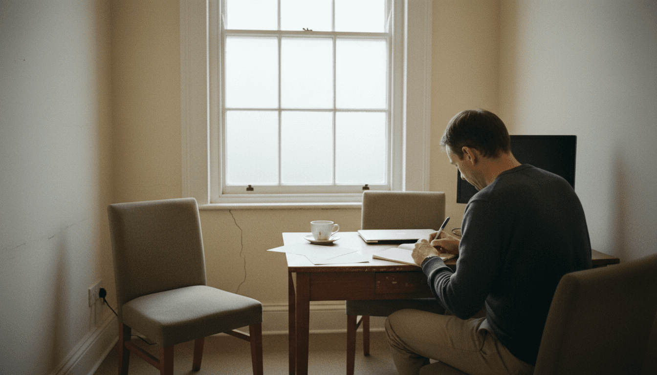 A man sits at a small desk beside a window writing in a notebook inside a sparsely furnished consulting office.