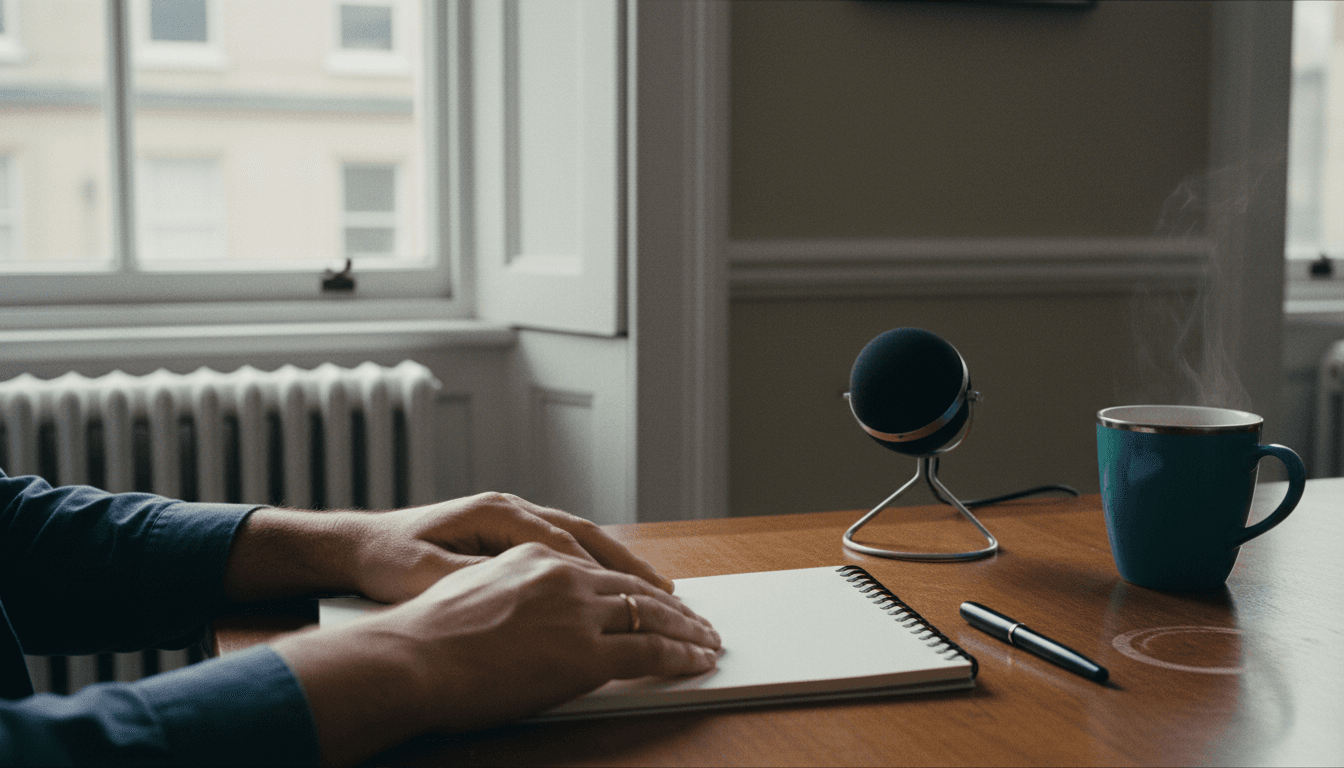 A consultant's hands rest on a blank notebook on a wooden desk next to a microphone, a pen, and a steaming mug of coffee.