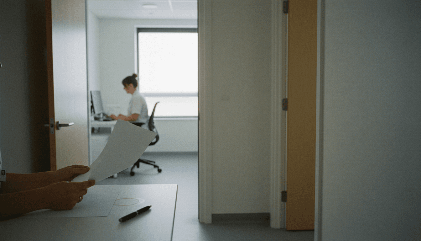 A person holds a document at a desk in the foreground, with a clinic worker visible at a computer through an open doorway.