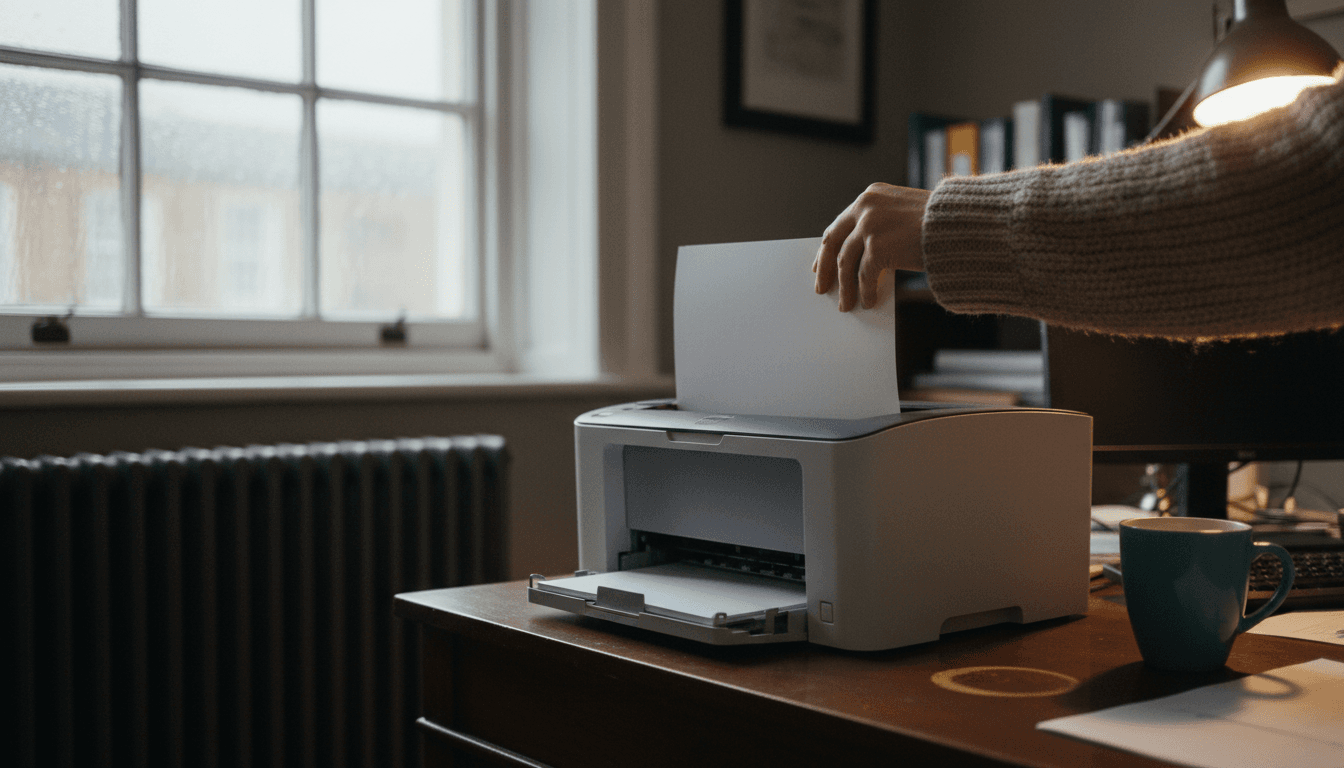 A person in a knitted cardigan feeds blank paper into a desktop printer on a wooden office desk beside a rainy window.