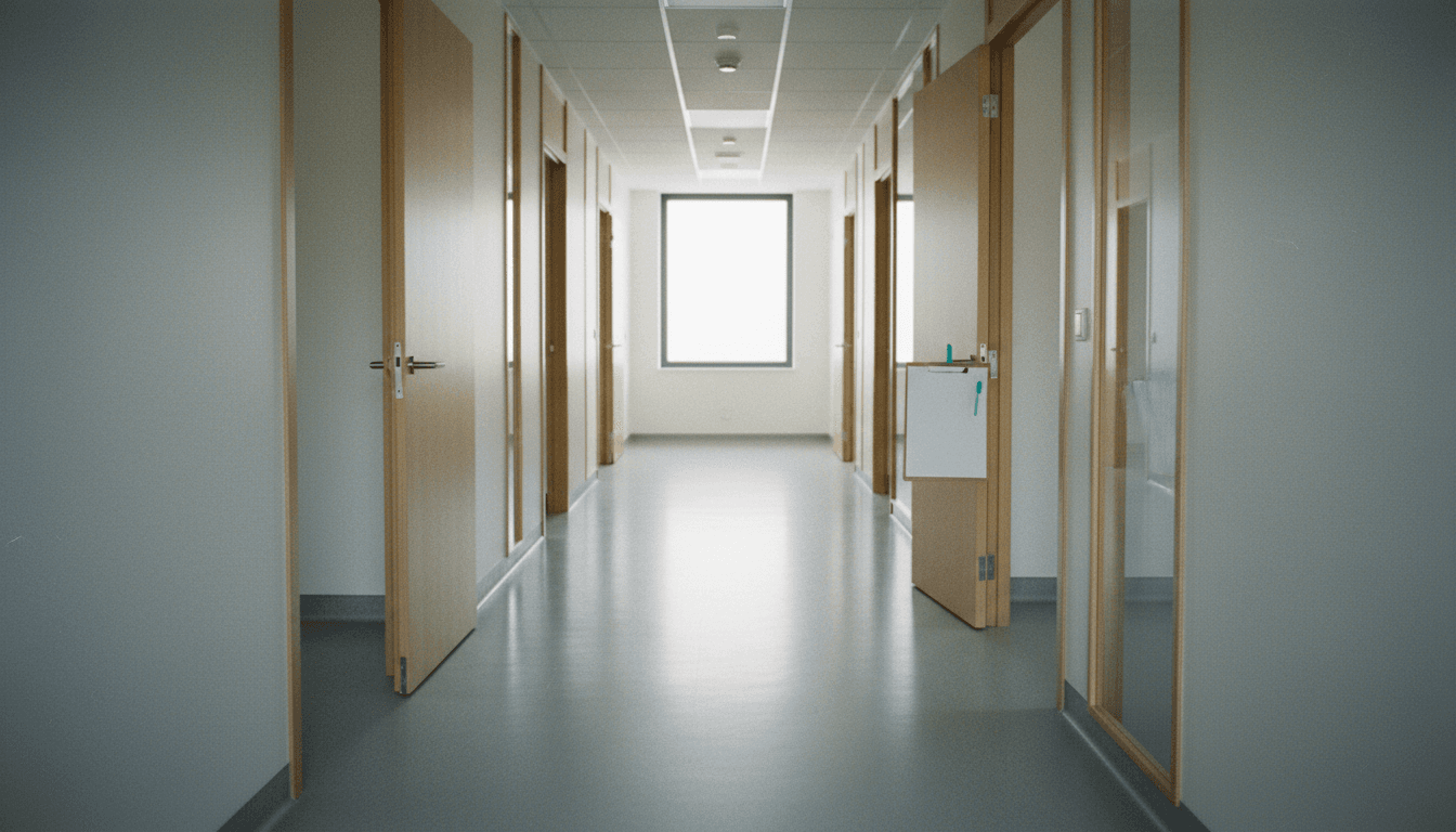 An empty corridor in a modern clinic with pale timber doors standing ajar and daylight reflecting on the grey floor.