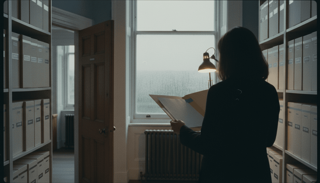 A woman stands in a dimly lit records room, holding an open file folder near shelves of archive boxes and a sash window.