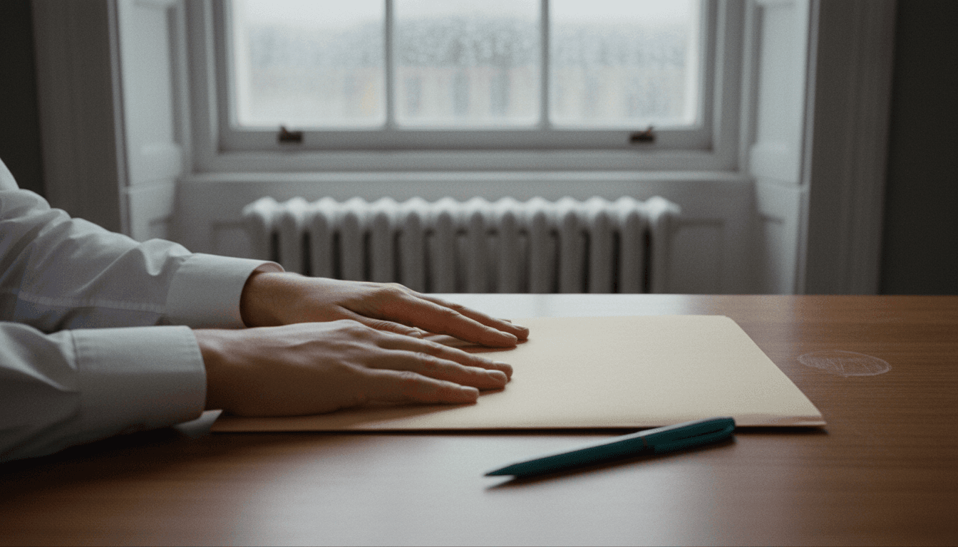A clinician in a white shirt rests their hands on a closed manila folder on a wooden desk in front of a window.