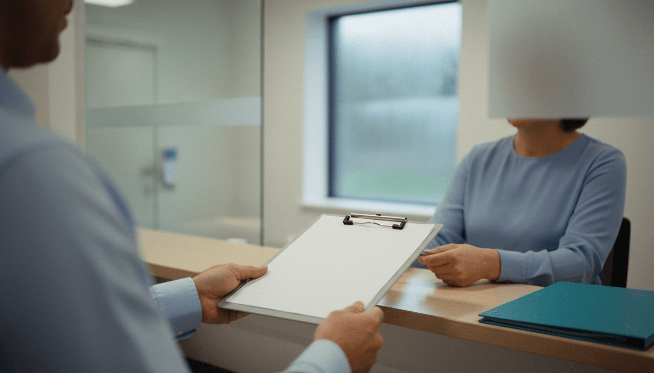 A person hands a blank clipboard across a wooden reception counter to a receptionist in a clinic waiting area.