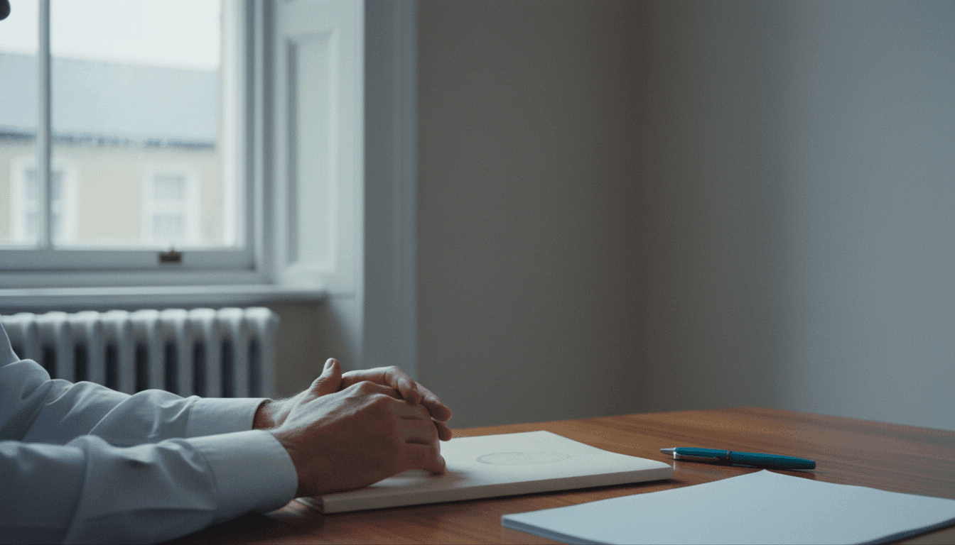 A professional sits with hands clasped at a wooden desk beside paperwork and a pen near a bright window in a quiet consulting office.