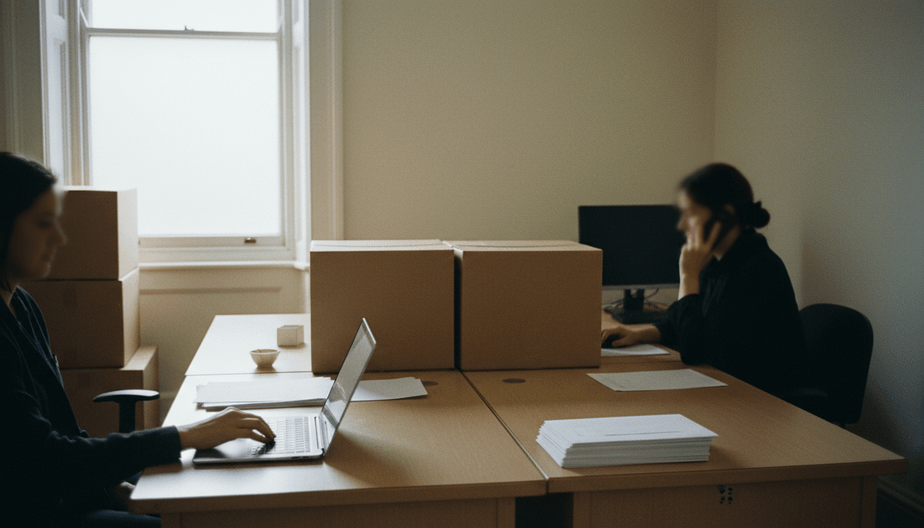 Two office workers sit at desks in a minimalist office, one typing on a laptop while the other speaks on the phone in the background.