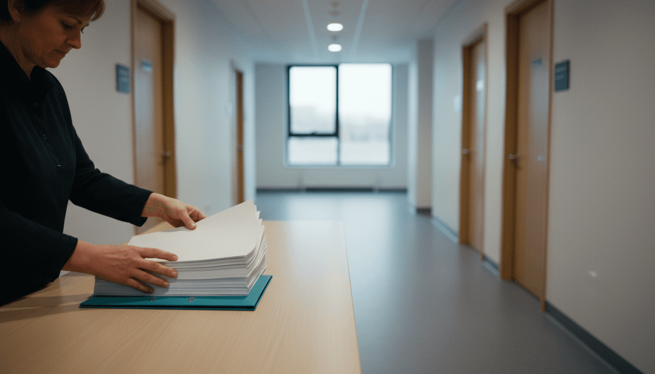 An administrator organizes a large stack of documents in a folder on a desk in a modern hospital corridor.
