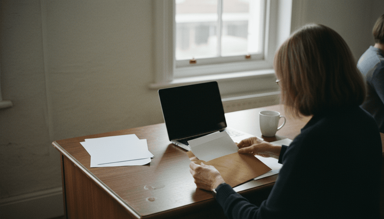 A practice secretary seen from behind sits at a wooden desk, sliding blank documents into a brown envelope next to a laptop.