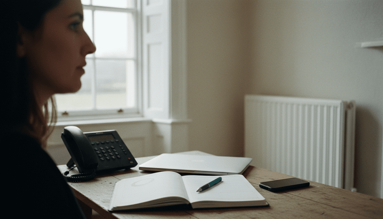 A clinic secretary sits at a wooden desk with an open diary, desk phone, and mobile phone in front of a Georgian window.